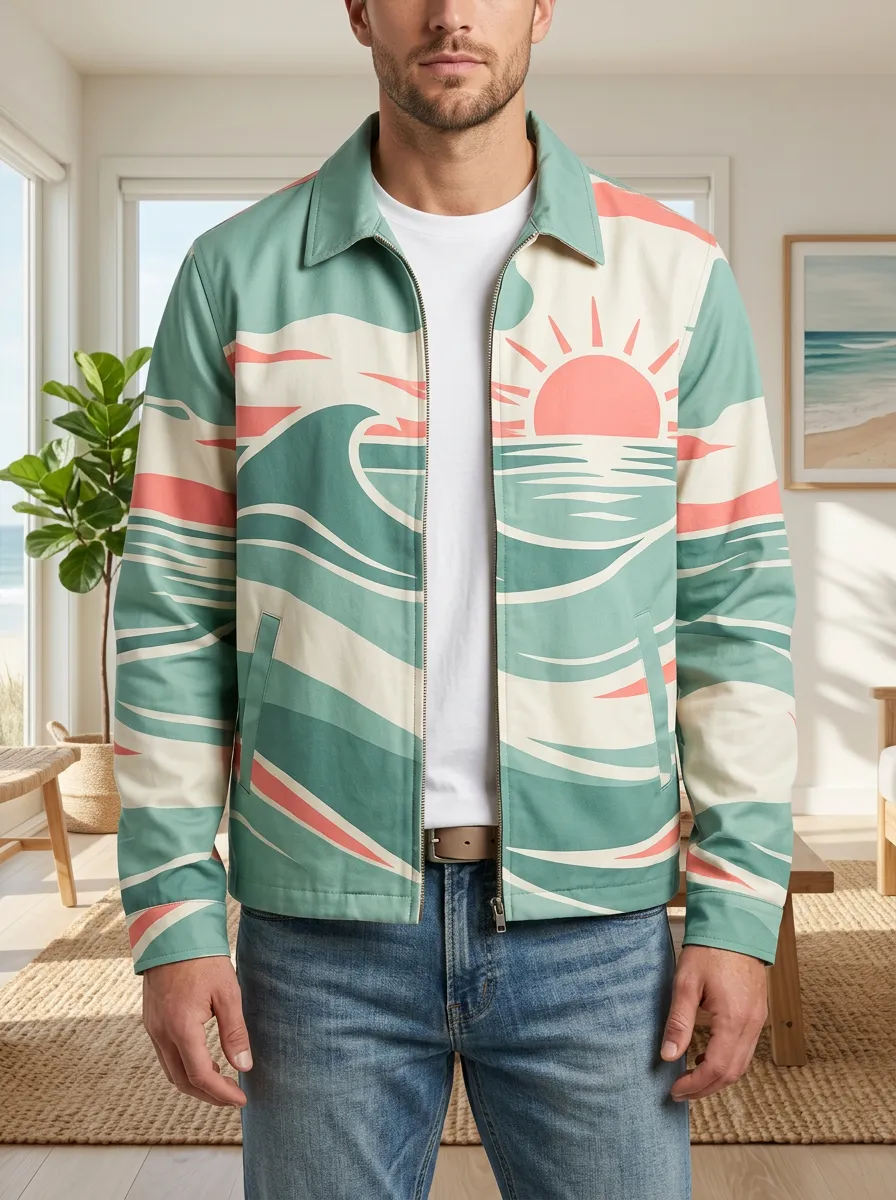 Men's Beach Lover Ocean Sunset Wave Printed Jacket