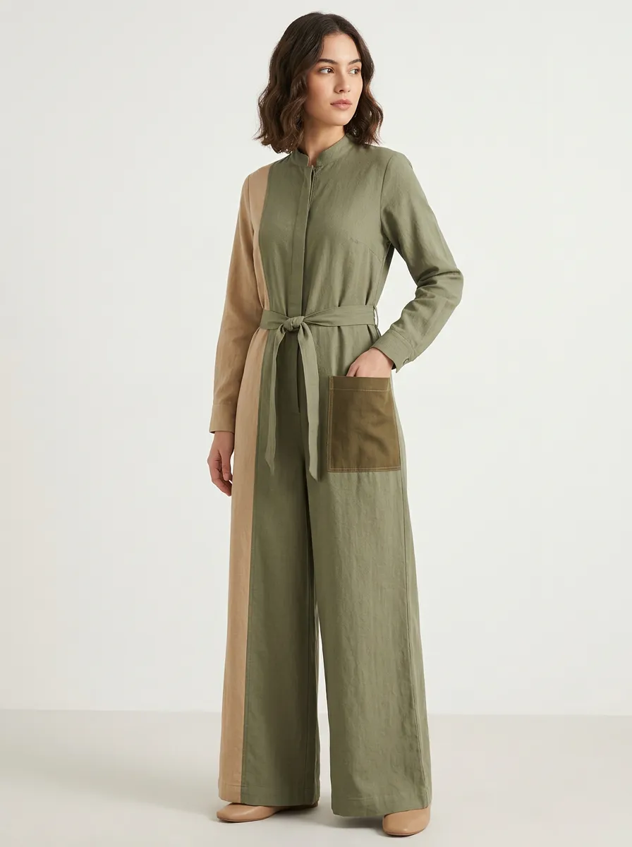 Women's Casual Minimalist Two-Tone Colorblock Belted Jumpsuit