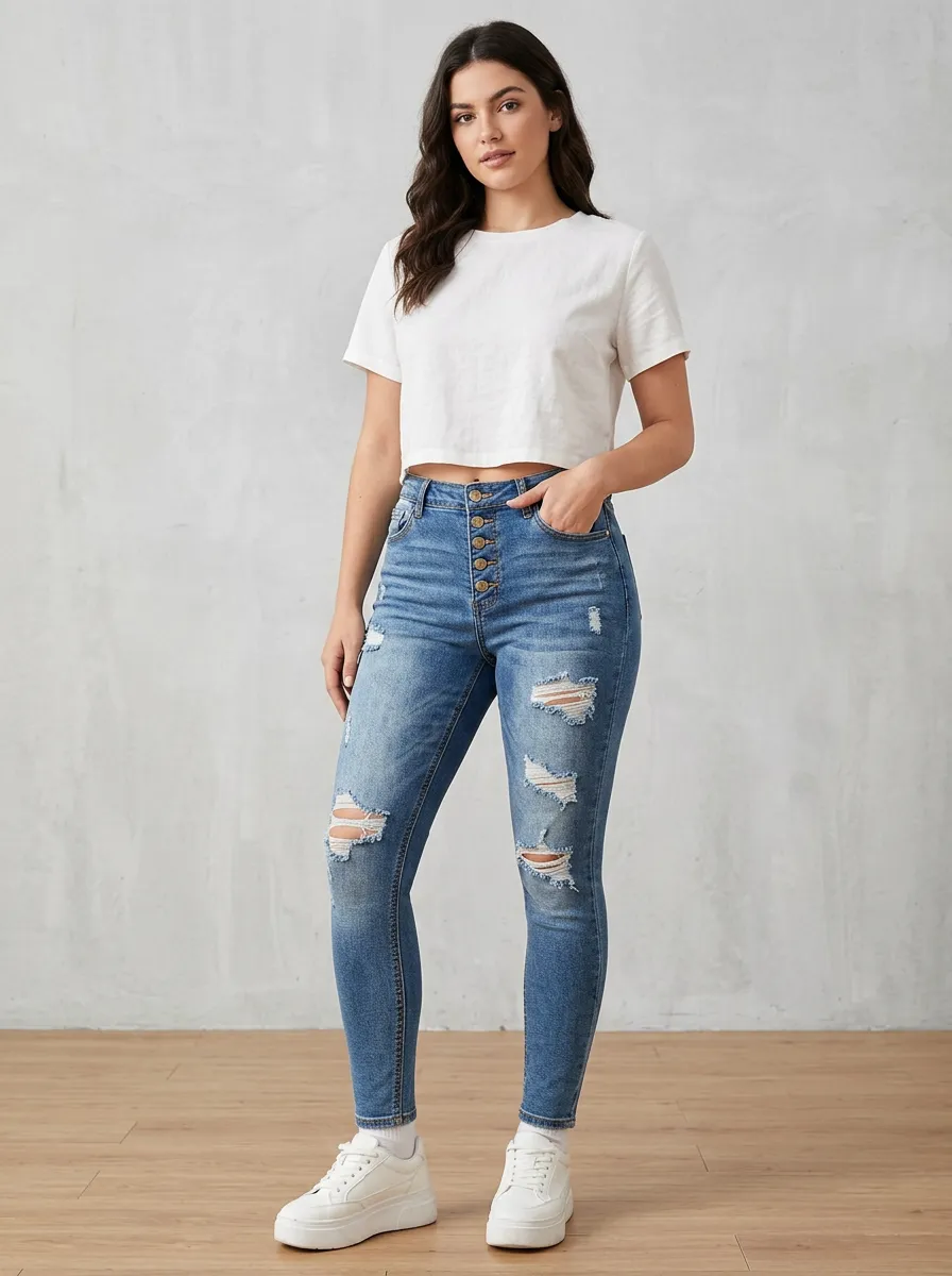 Women's Distressed Skinny Denim Jeans in Classic