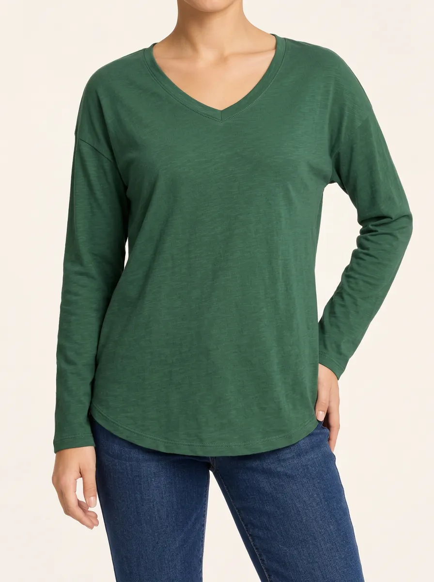 Women's Long Sleeve Tee with V Neck Ribbed Texture Detail