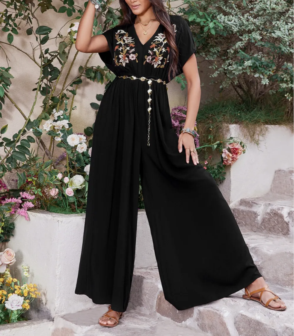 Embroidered Ruched Short Sleeve Jumpsuit