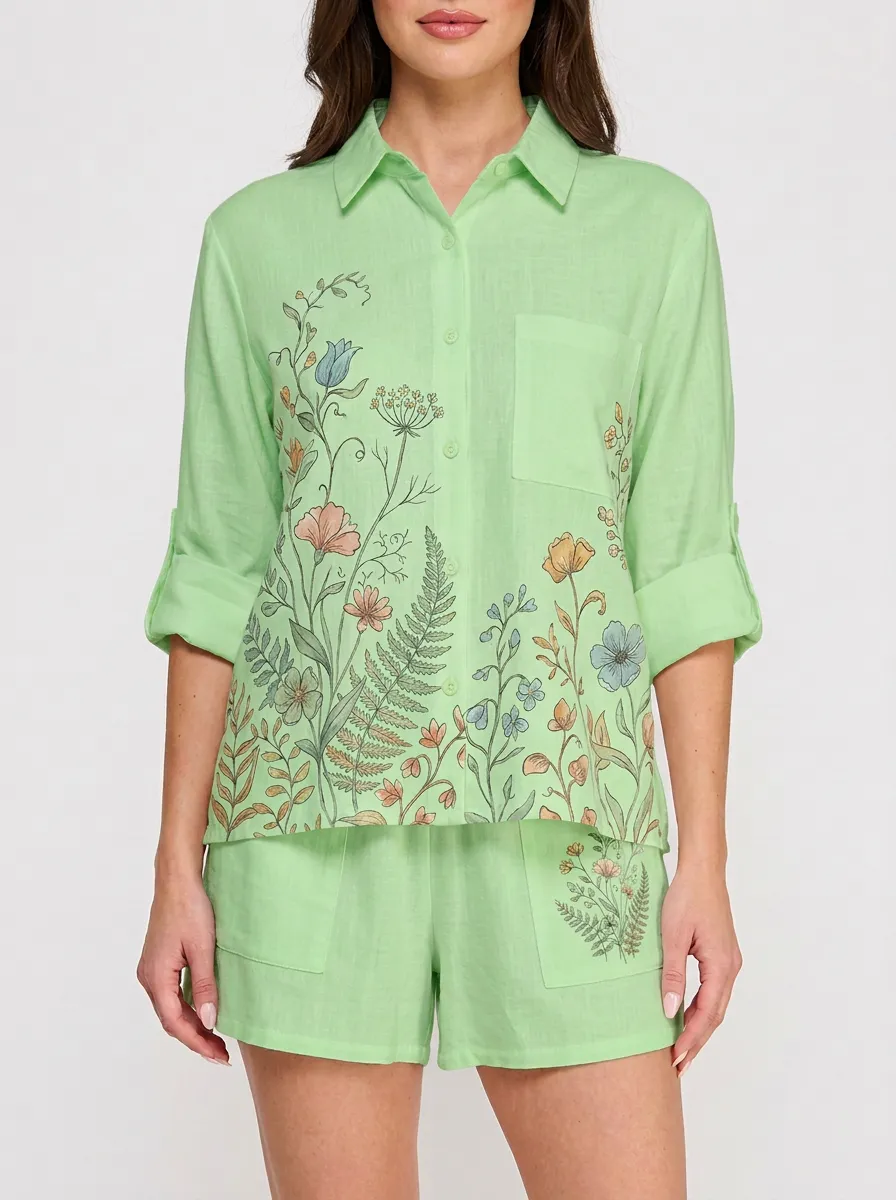 Women's Botanical Nature-Inspired Wildflower Printed Button-Up Shirt