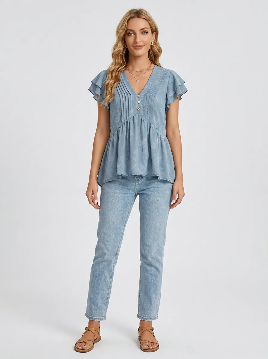 Boho Leaf Pattern Printed V-Neck Peplum Top