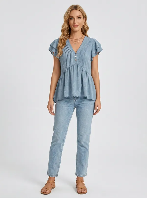 Boho Leaf Pattern Printed V-Neck Peplum Top