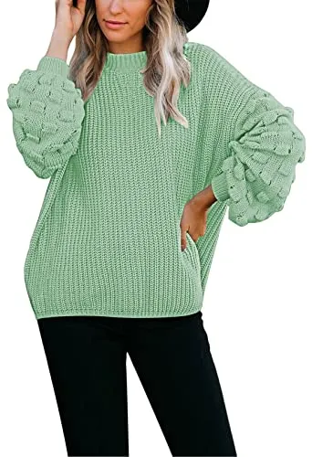 Women's Cute Oversized Crewneck Loose Puff Sleeves Chunky Knit Pullover Sweater