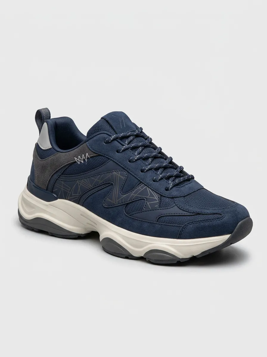 Men's Navy Geometric Pattern Navy Suede Athletic Sneakers