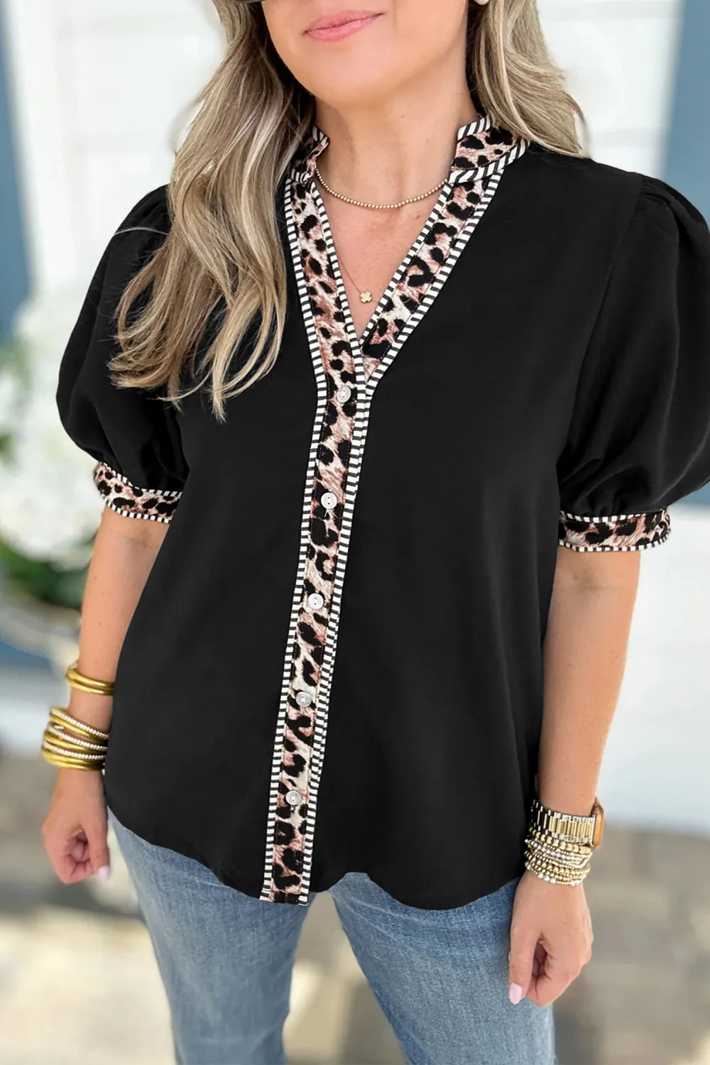 Black V Neck Short Puff Shirt