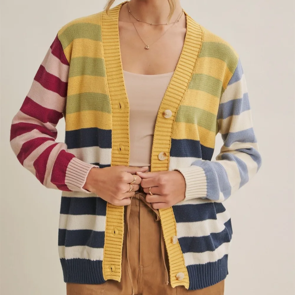 Classic Ribbed Button Front Color Block Striped Cardigan