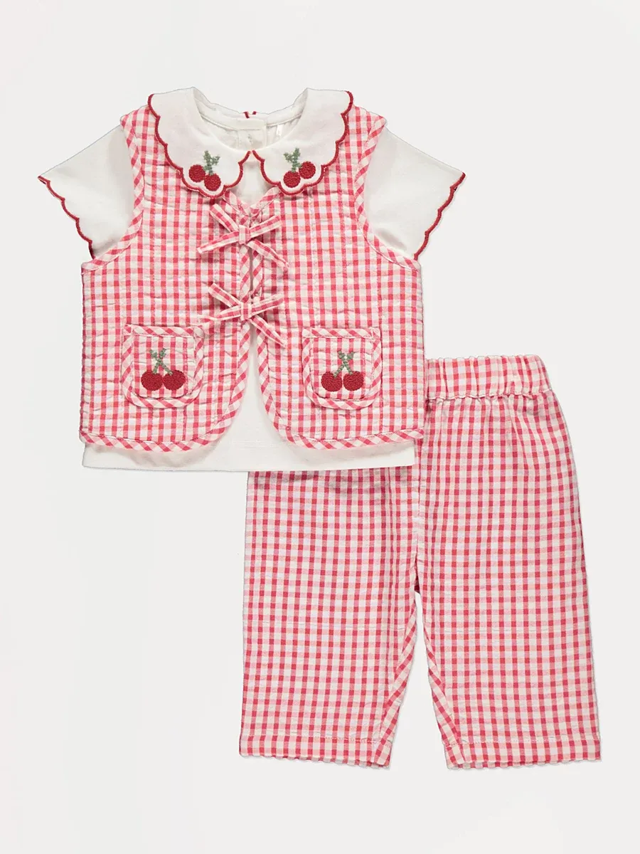 Red Gingham Cherry Top Waistcoat and Trousers Outfit