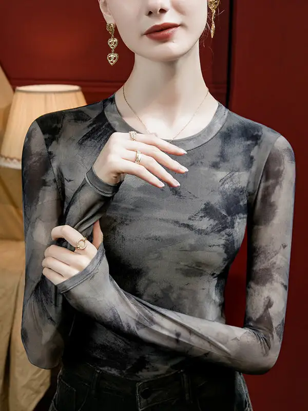 Long Sleeve Curve Fit Panel Detail Tie Dyed Round Neck T-Shirt
