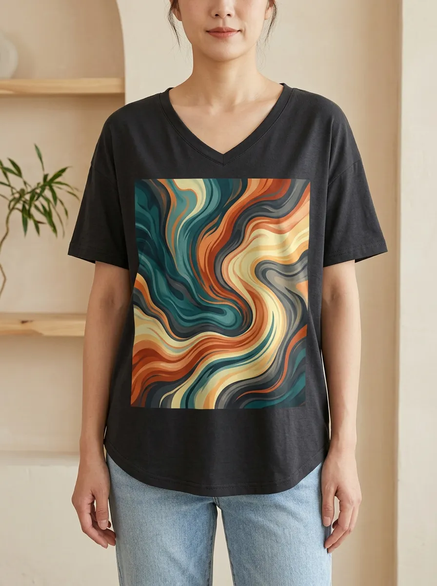 Women's Abstract Art Colorful Swirl Printed V-Neck T-Shirt Modern Pattern