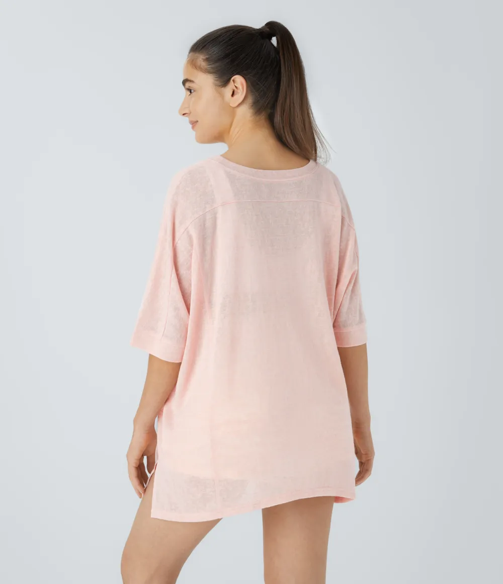 Asymmetric Split Hem Sheer Oversize Casual Top