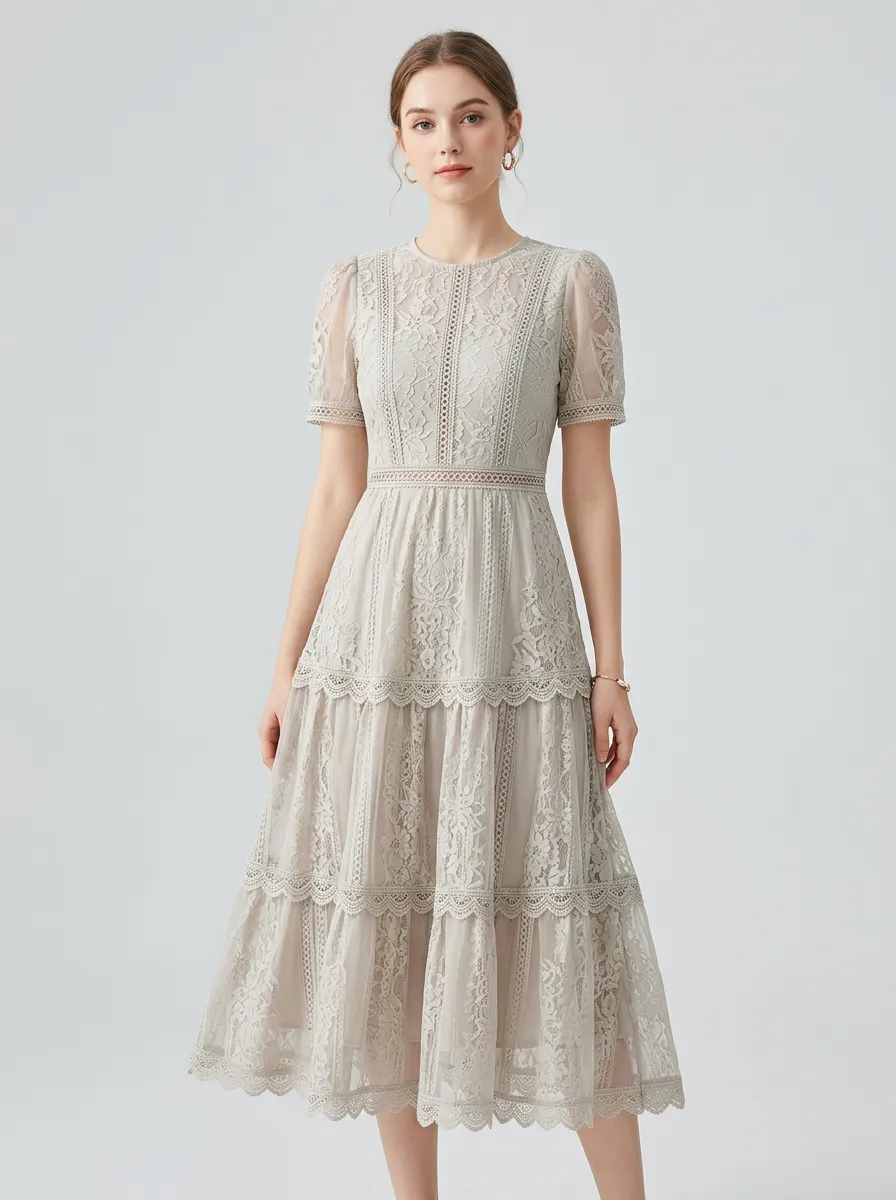 Women's Vintage Elegant Floral Lace Tiered Printed Dress