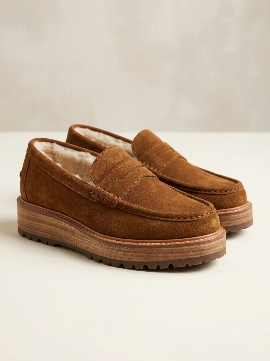 Women's Worksite Faux Fur Lined Platform Suede Wood Sole Loafers