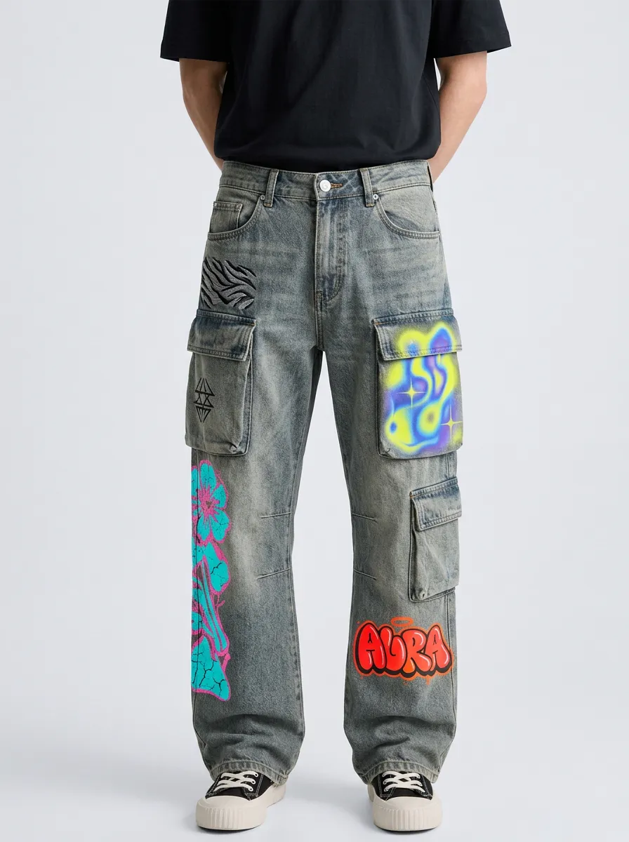 Men's Streetwear Aura Graffiti Floral Printed Cargo Jeans