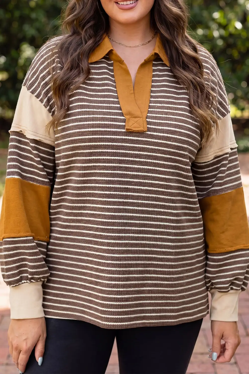 Striped V Neck Relaxed Viscose Blend Long Sleeve Top