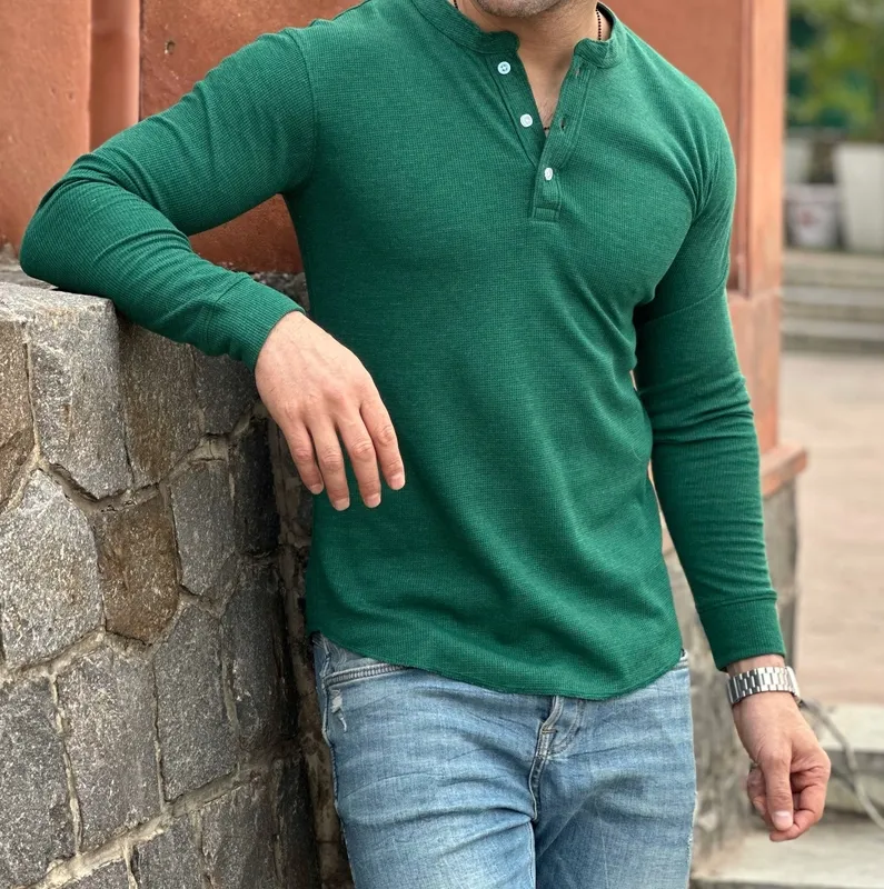 Green Ribbed Long Sleeve Henley Shirt