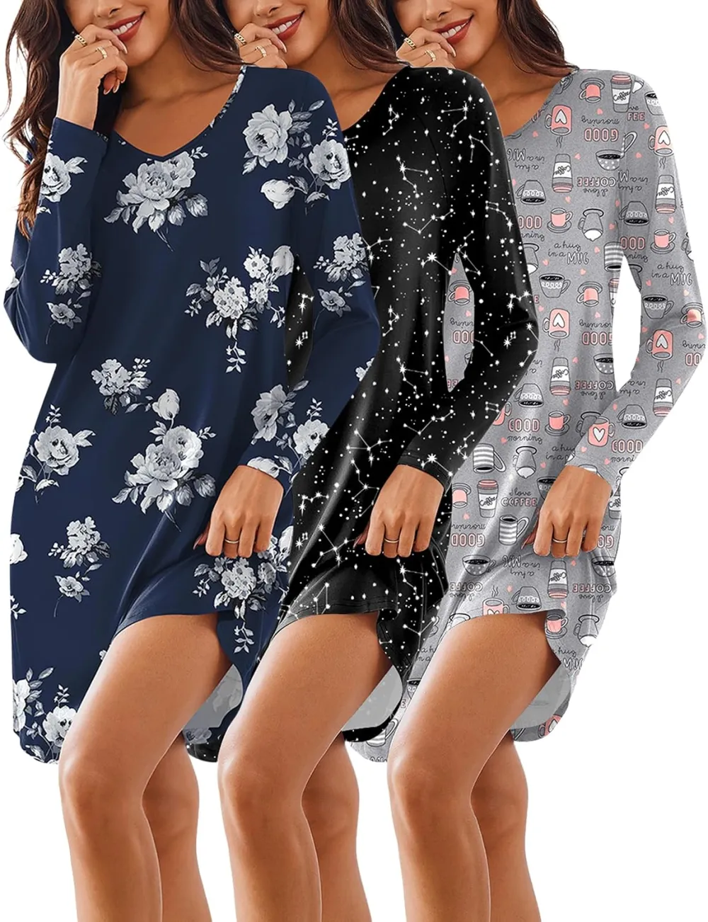 Ekouaer 3 Pack Long Sleeve Nightgowns for Women Casual Sleepwear Nightshirt