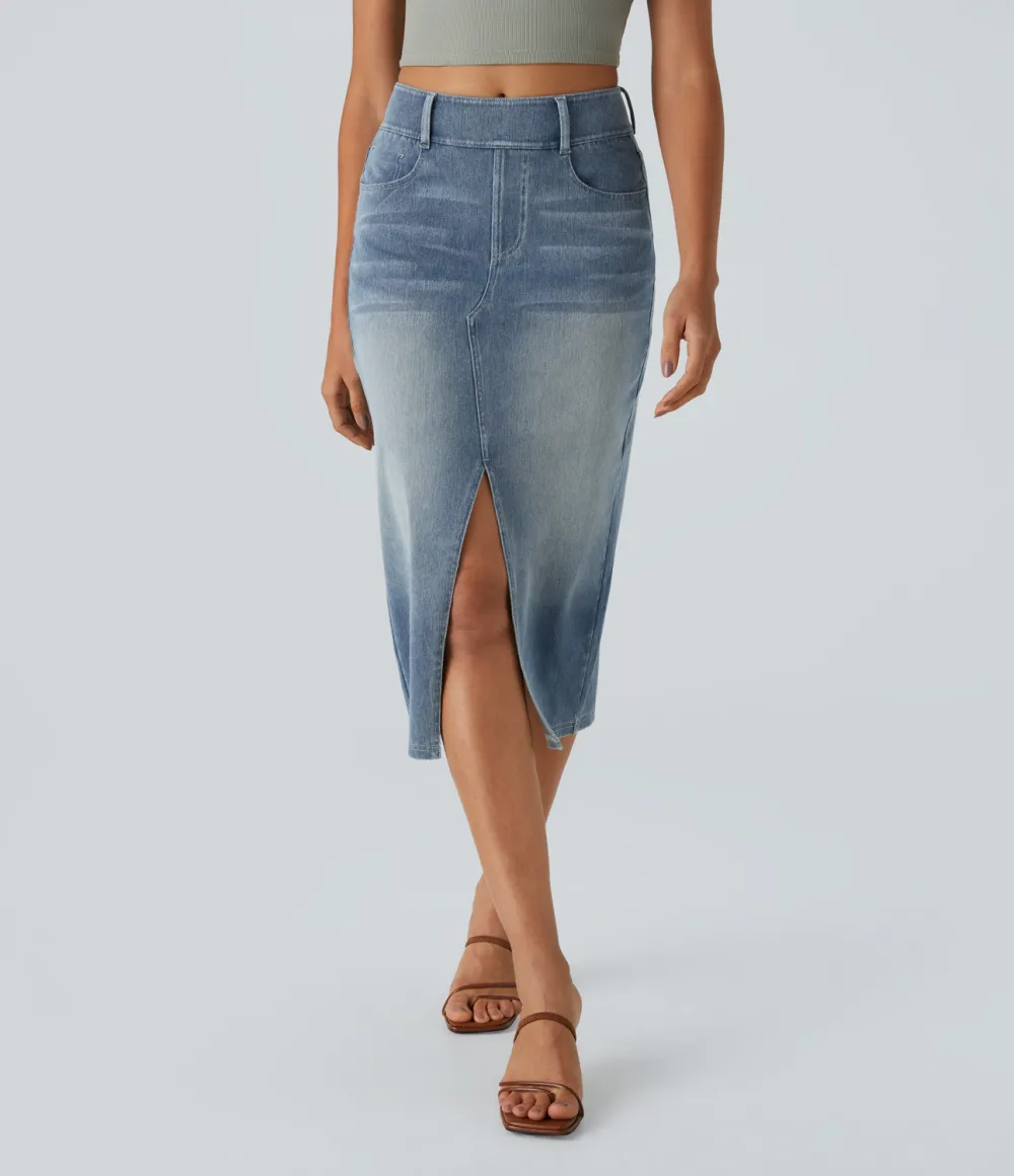 Magic High Waisted Multiple Pockets Bodycon Split Washed Stretchy Knit Denim Casual Midi Skirt