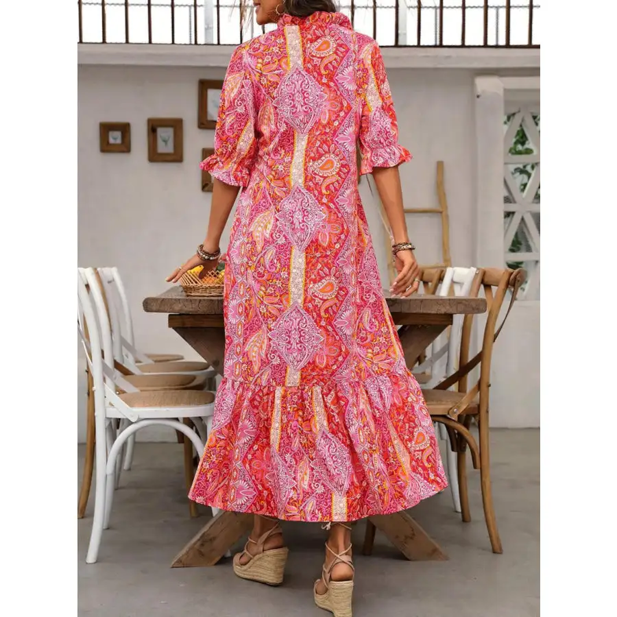 Tie Neck Flounce Sleeve Midi Dress