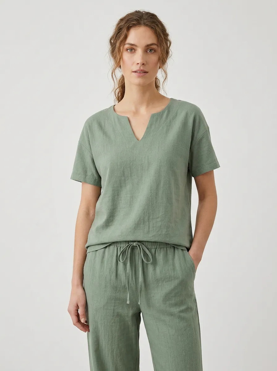 Short-Sleeve Linen-Blend Minimalist Women's V-Neck Casual Lounge Set