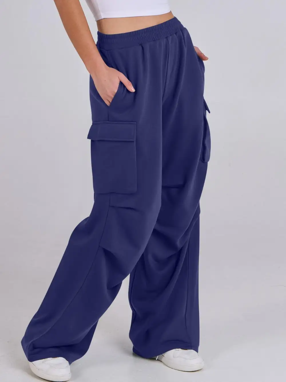 Elastic Waist Wide Leg Pants With Pocket