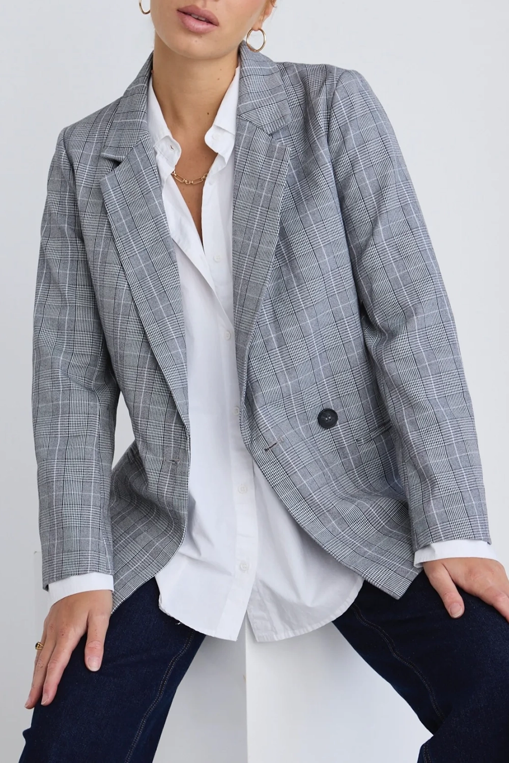 Light Grey Check Boyfriend Fit Blazer