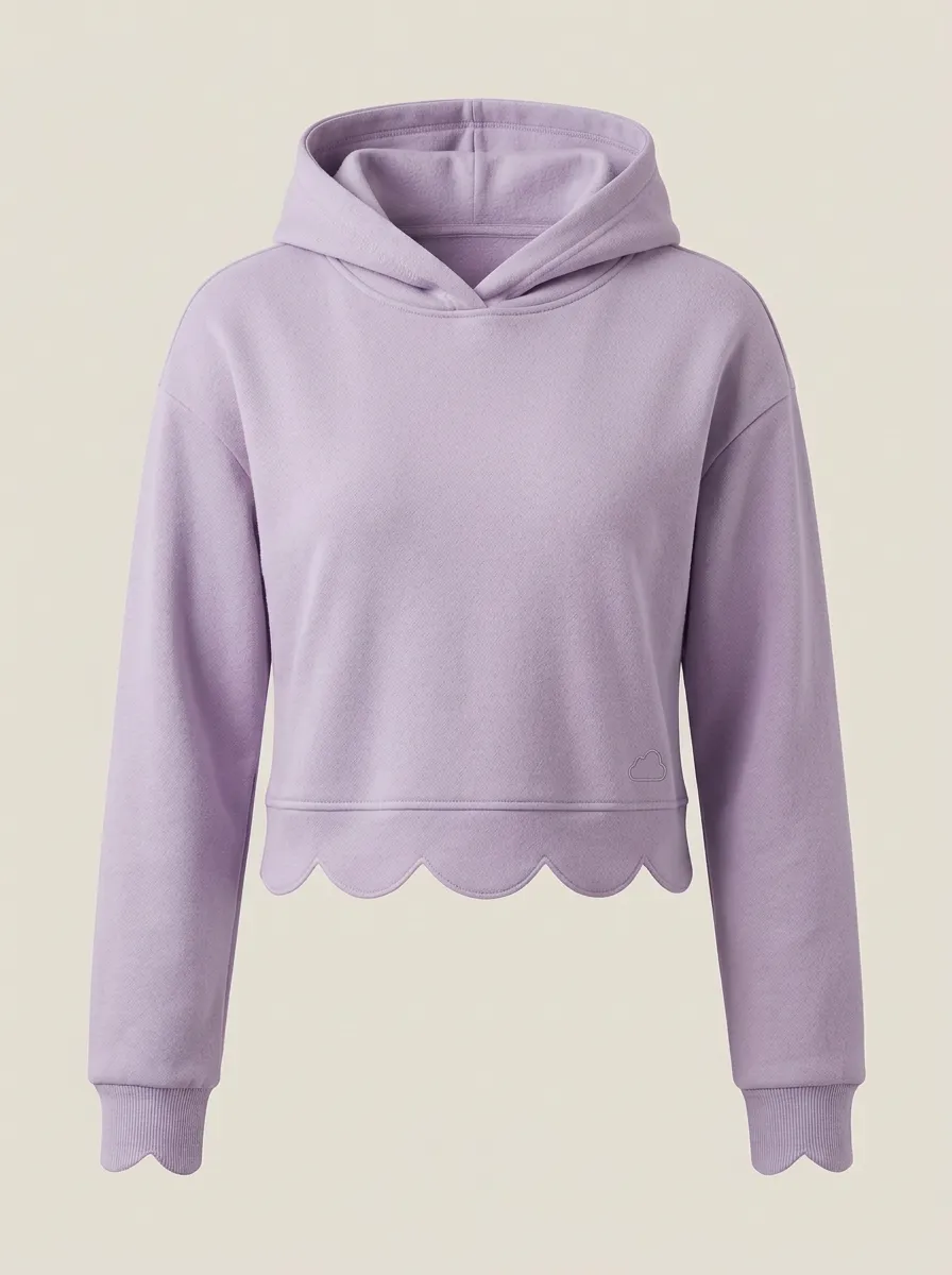 Women's Minimalist Solid Blue Scalloped Hem Cloud Embroidered Hoodie
