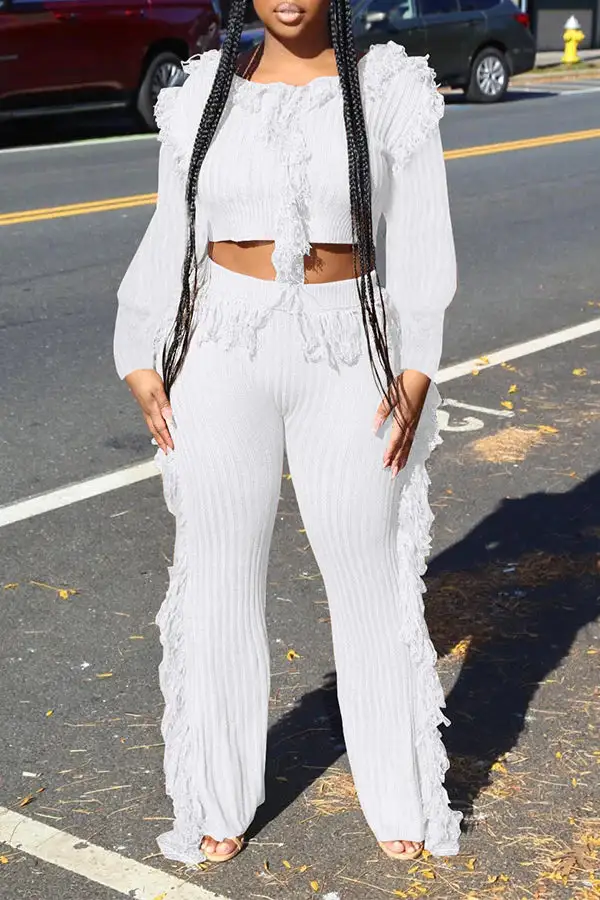 Solid Color Tassel Round Neck Pant Set