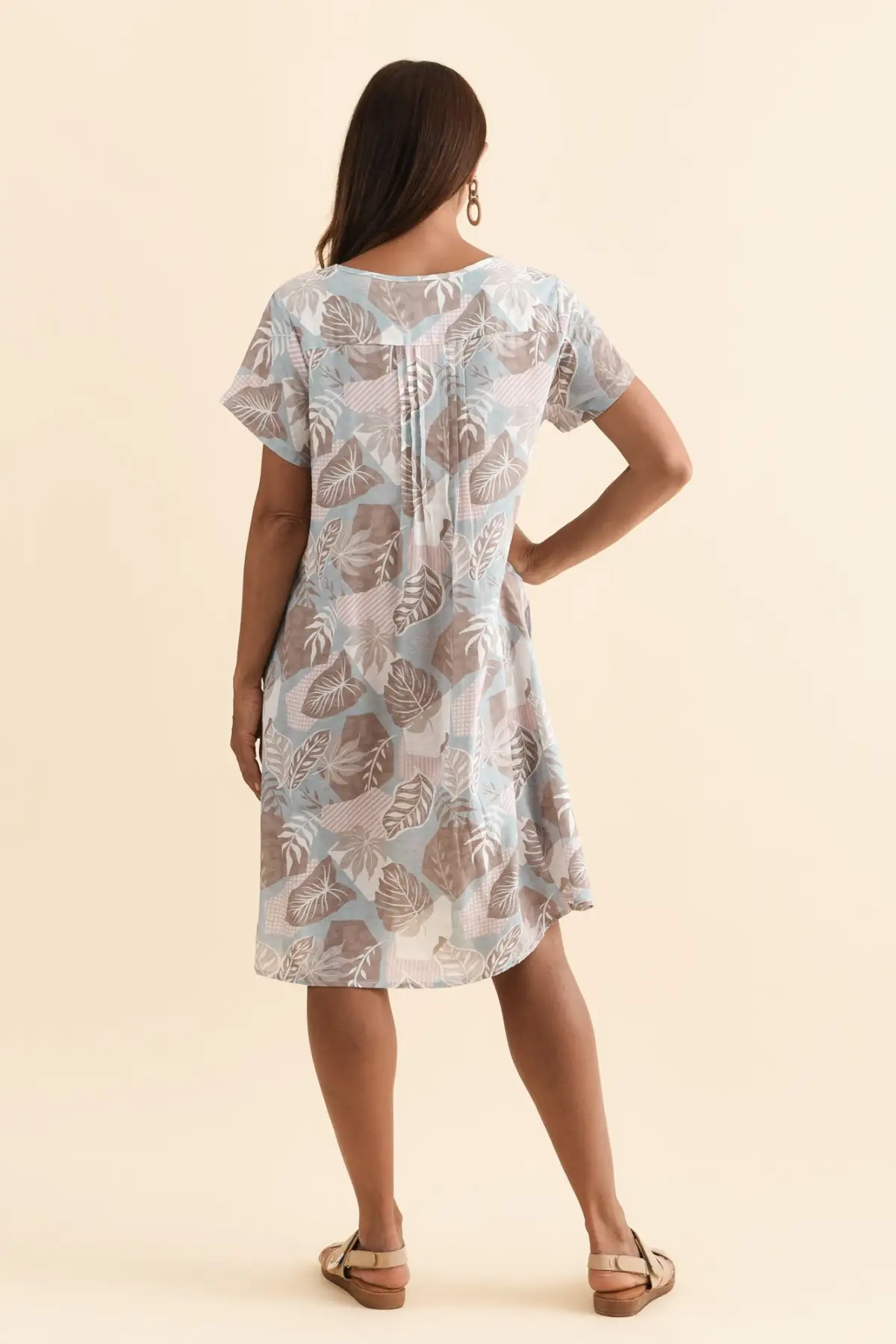 Above-Knee Floral Cotton Button-Front Pleated V-Neck Short-Sleeve Dress