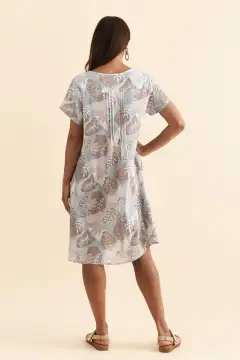 Above-Knee Floral Cotton Button-Front Pleated V-Neck Short-Sleeve Dress