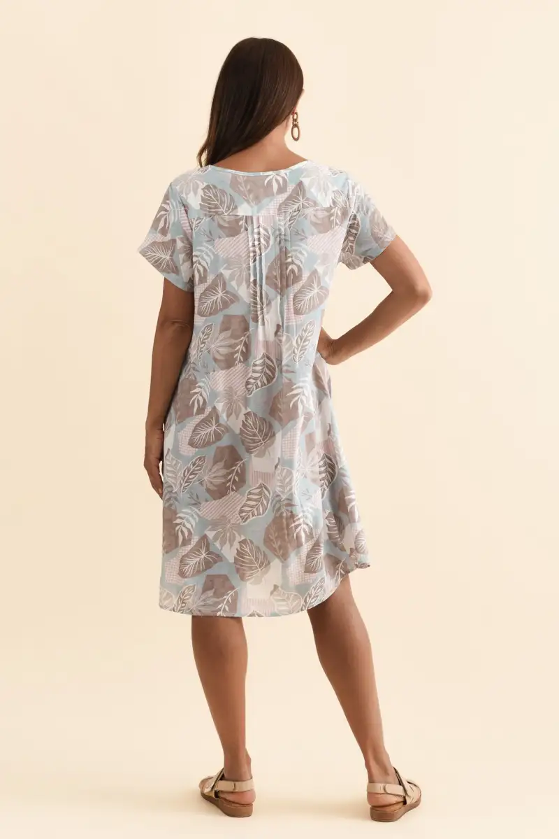 Above-Knee Floral Cotton Button-Front Pleated V-Neck Short-Sleeve Dress