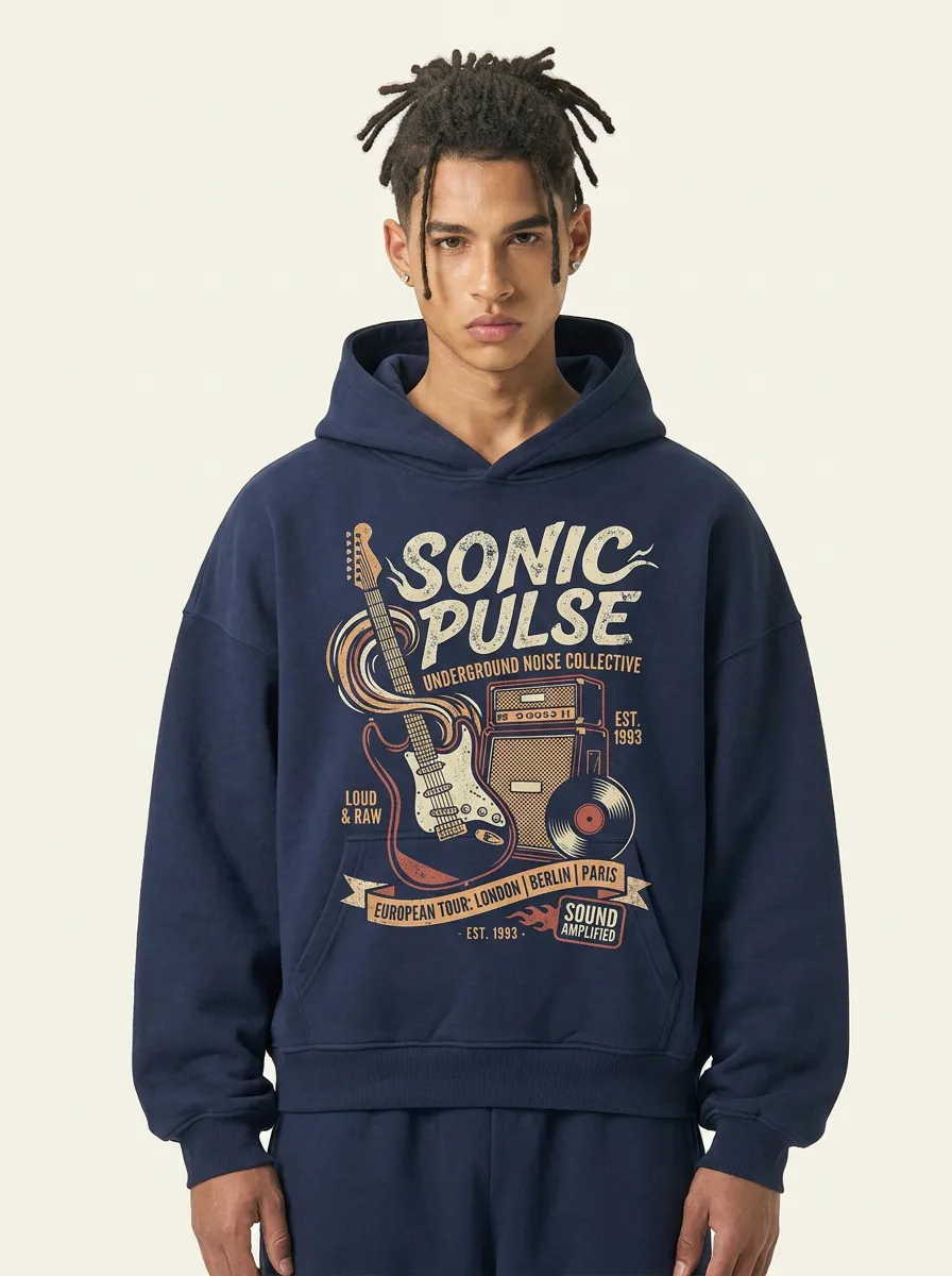 Men's Rock Music Lover Sonic Pulse Guitar Printed Hoodie
