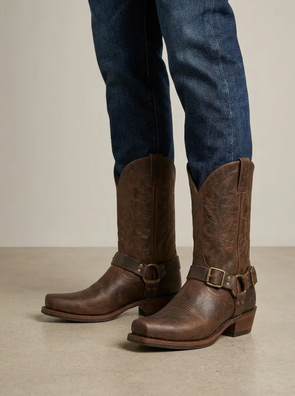 Men's Western Cowboy Distressed Leather Buckle Strap Printed Cowboy Boots