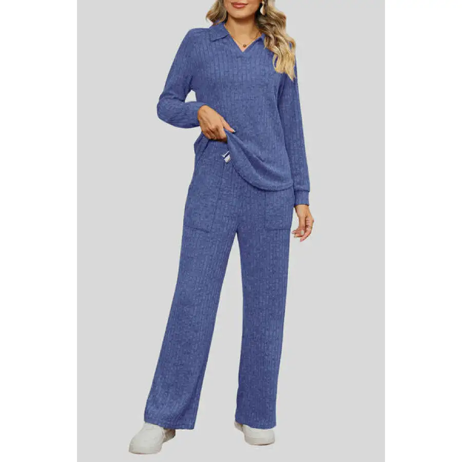 Ribbed Long Sleeve Top and Pocketed Pants Set