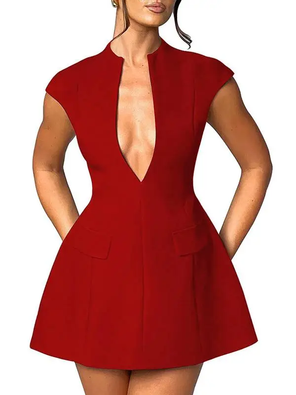Flying Sleeve Deep Neck Mini Dress