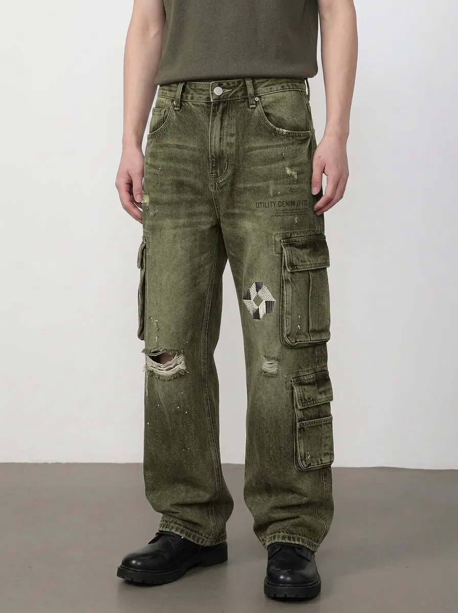 Men's Utility Denim Geometric Patch Distressed Printed Cargo Jeans