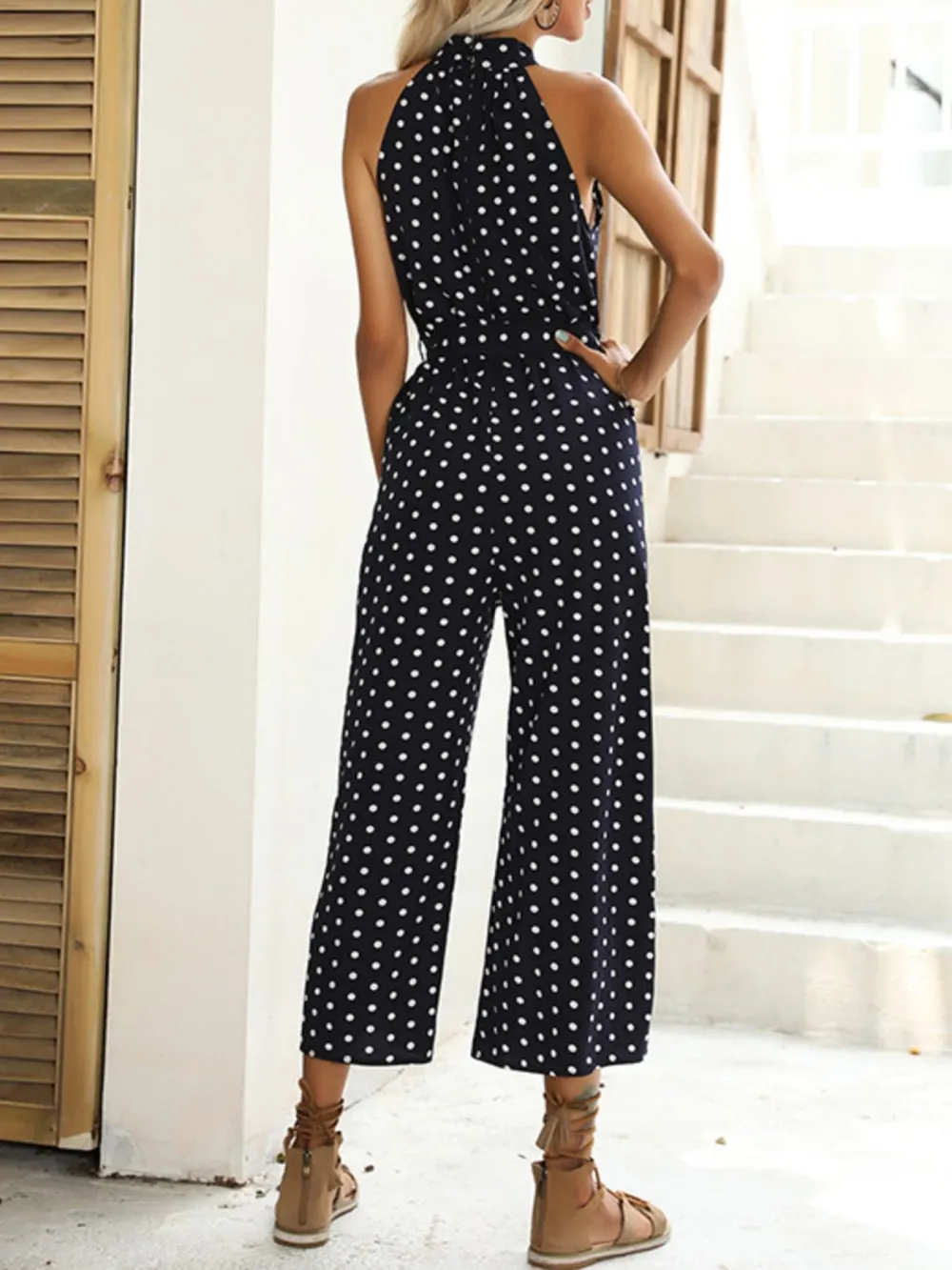 Polka Dot Halter Neck Wide Leg Jumpsuit