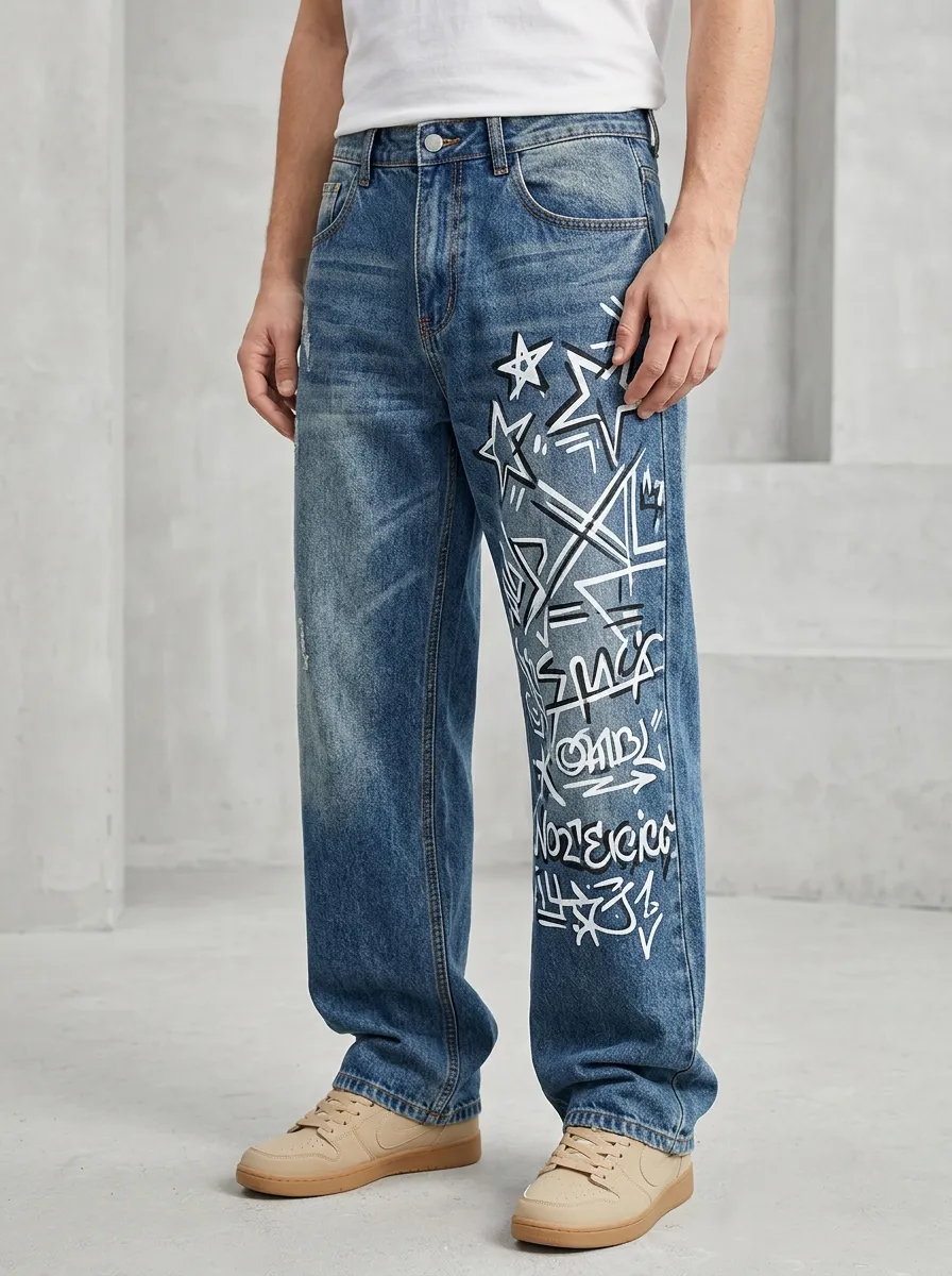 Men's Statement Streetwear Graffiti Star Jeans