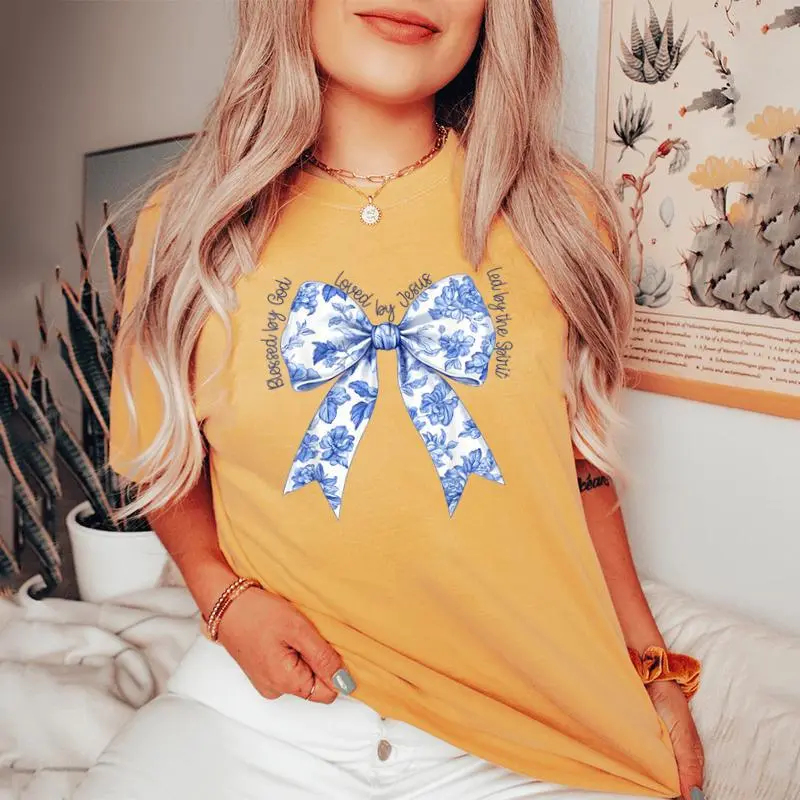 Blessed By God Loved By Jesus Blue Toile Coquette Bow Women's Oversized Comfort T-shirt
