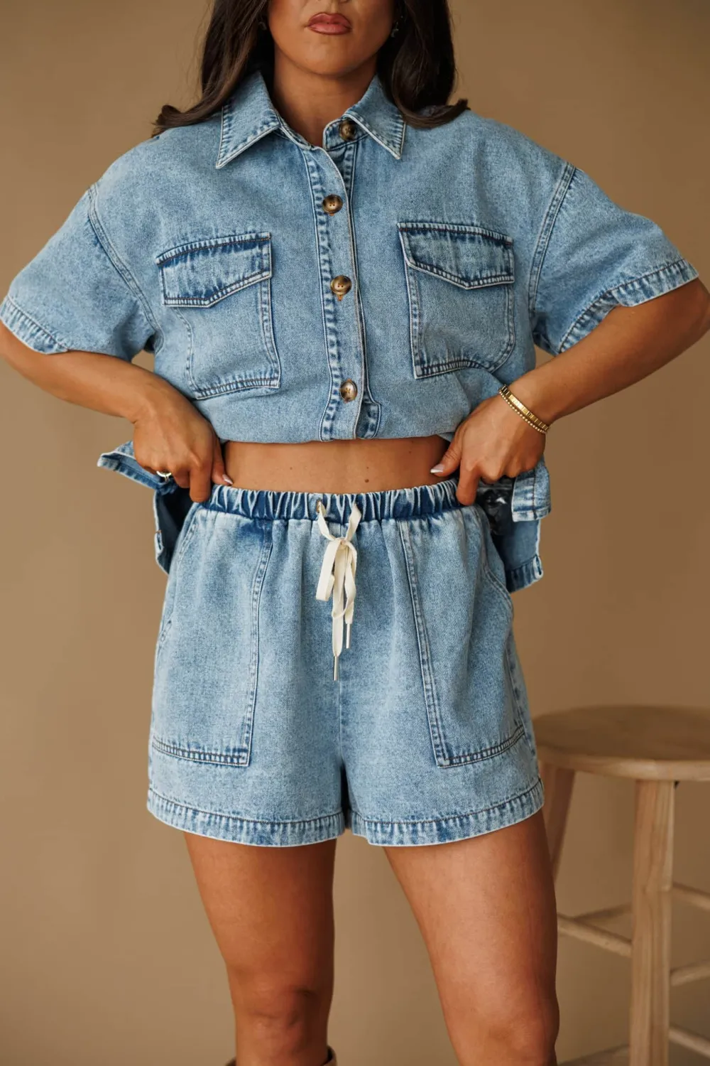 Cotton Elastic Waist Pocket Denim Shorts