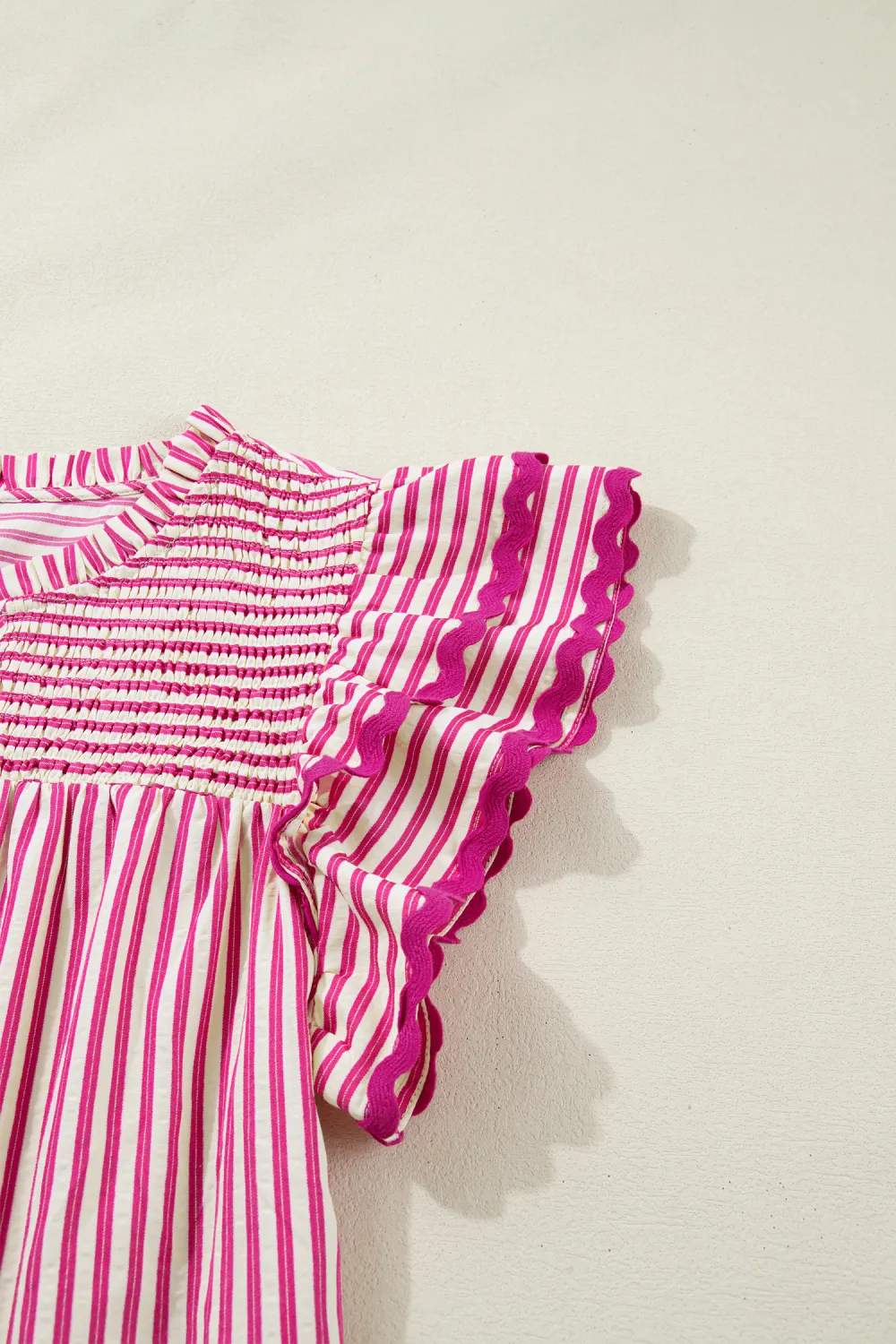 Rose Stripe Shirred Yoke Ruffled Blouse