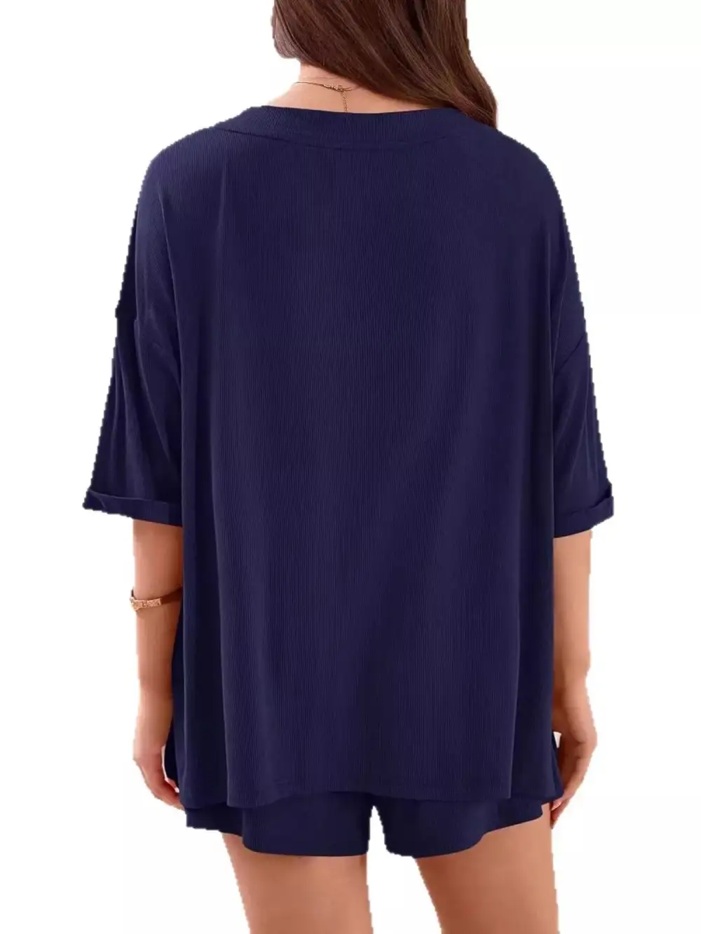 Casual Solid Color V Neck Top and Shorts Set