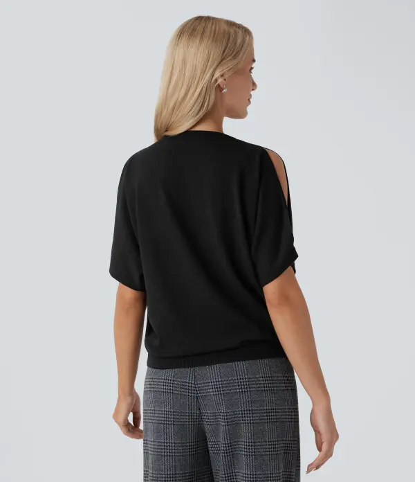 Round Neck Cold Shoulder Short Sleeve Work Sweater