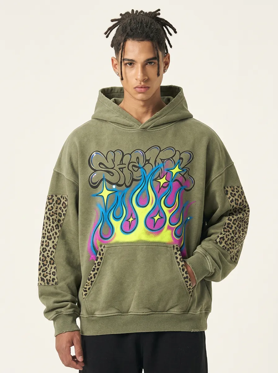 Unisex Streetwear Graffiti Flame Leopard Patch Graphic Hoodie