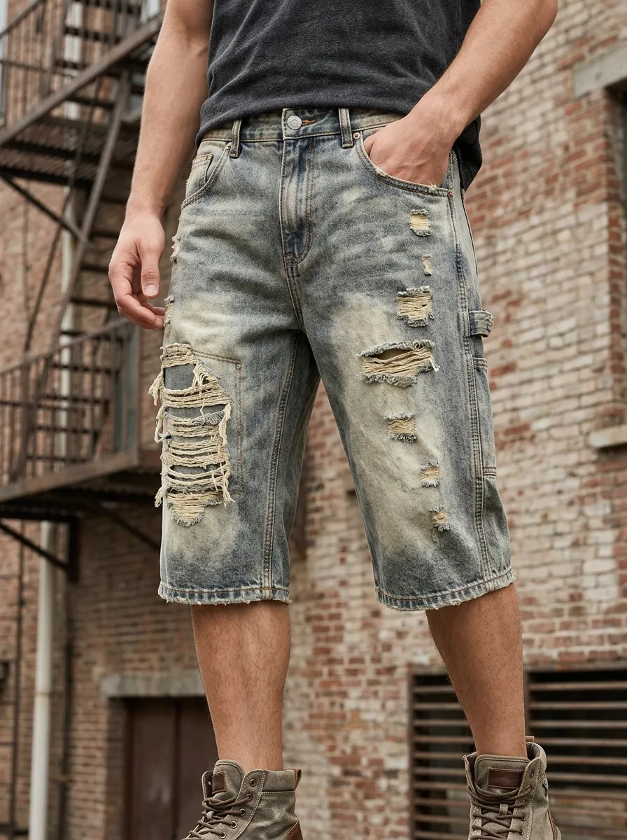 Men's Vintage Distressed Ripped Washed Denim Shorts