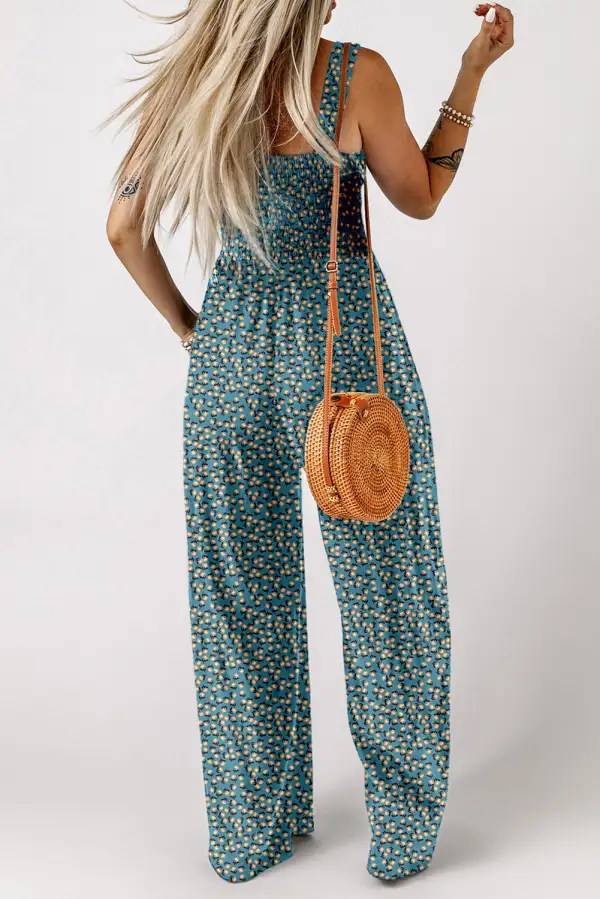 Floral Print Smocked High Waist Square Jumpsuit