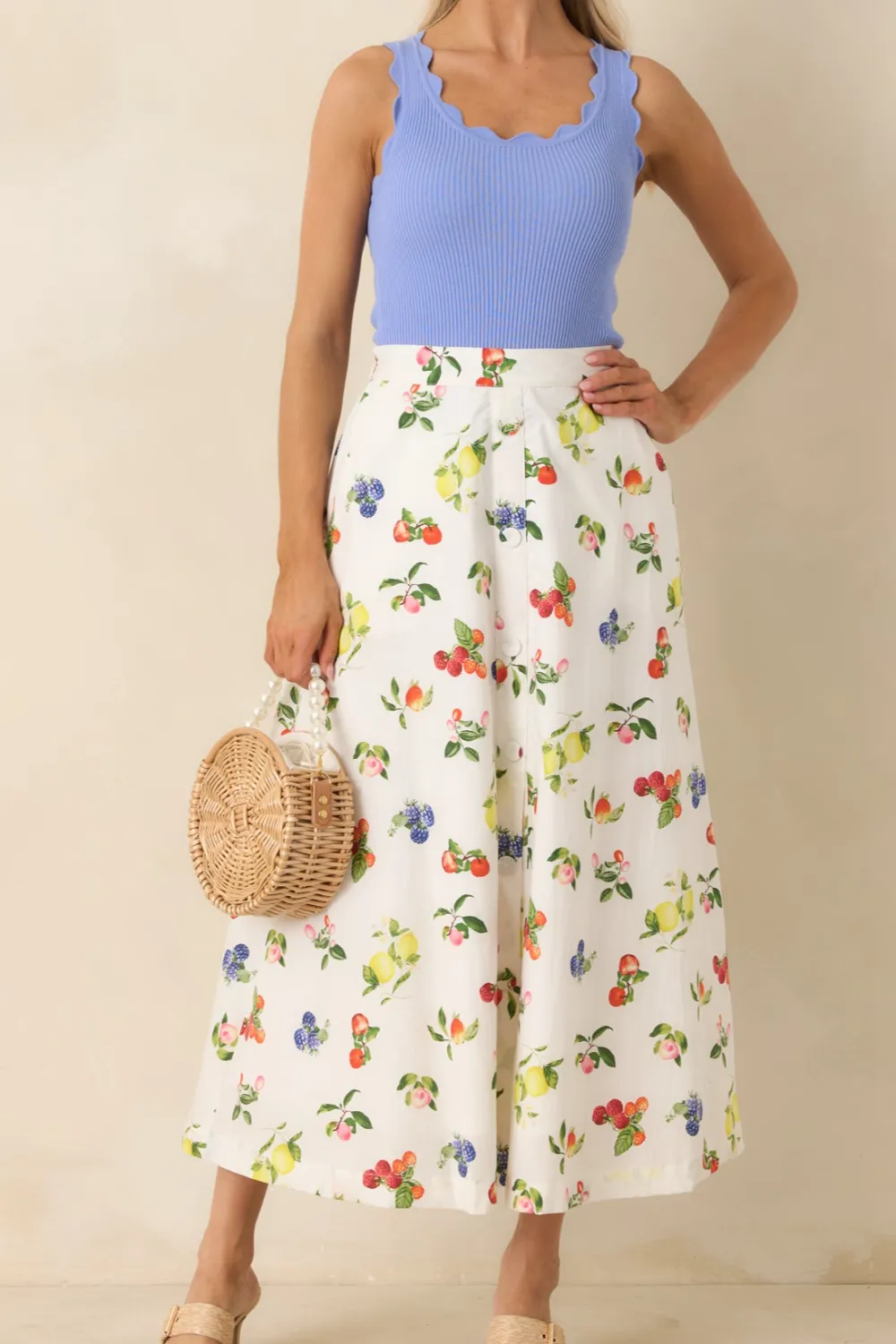 Multicolor Fruit Print Cotton Midi Skirt