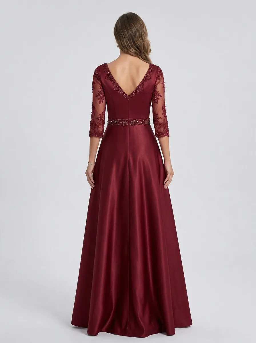 Women's V-Neck Beaded Lace Sleeve Satin Evening Gown