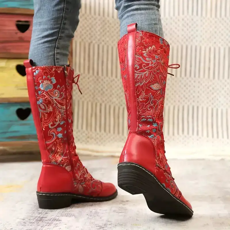 Embroidered Lace Up Knee High Boots
